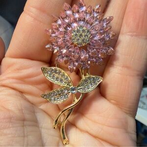 Pink Rhinestone Flower Brooch | Gold Tone Floral Pin | Sparkling Blossom Jewelry